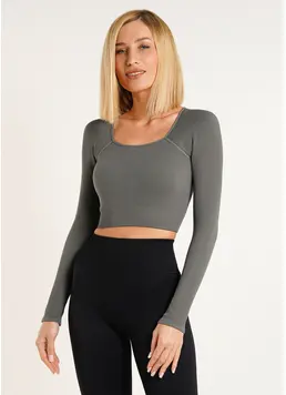 Short Ribbed Top with Long Sleeves CROP TOP RIB (poppy seed)