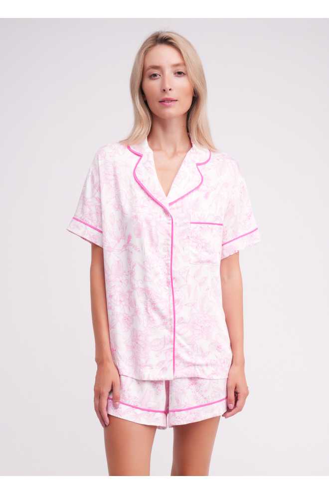 Pyjamas with floral print FLOSSED IN FLOWERS 6405/040 white/pink floral print/magenta piping