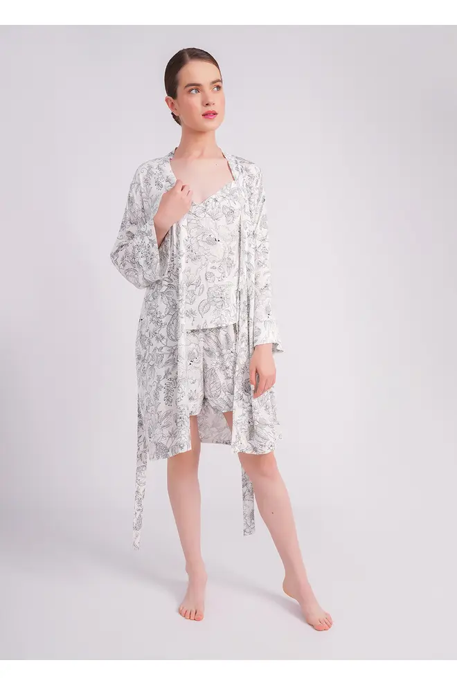 Damen-Morgenmantel aus Viskose mit Blumenmuster – FLOSSED IN FLOWERS 7336/040 (white/black floral print)