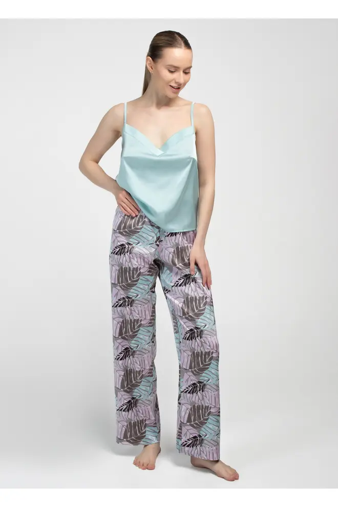 Long Silk Pyjama LEAFSONG 5010/050 with Gum Leaf/Mocha Print (Green/Brown)