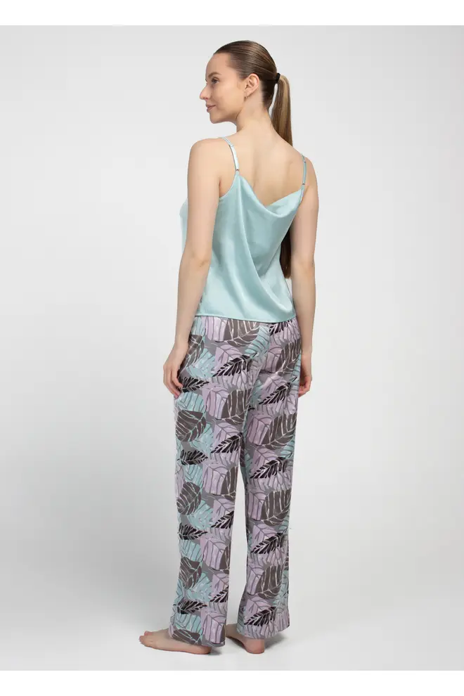 Long Silk Pyjama LEAFSONG 5010/050 with Gum Leaf/Mocha Print (Green/Brown)