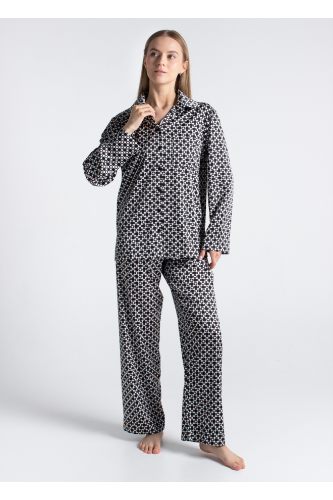 Seidenpyjama NOIRE 5903/050 white/twilight teal rhomb (weiß/schwarz)