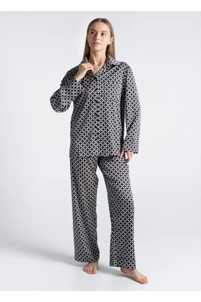 Silk pajamas NOIRE 5903/050 white/twilight teal rhomb (white/black)