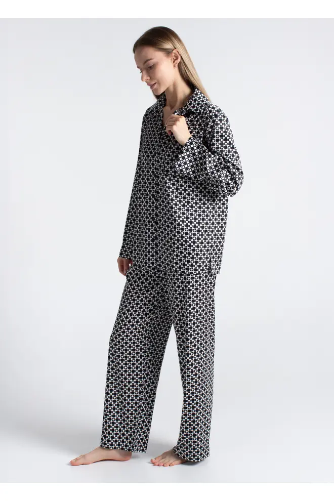 Silk pajamas NOIRE 5903/050 white/twilight teal rhomb (white/black)