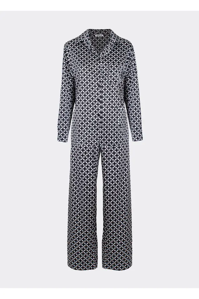 Silk pajamas NOIRE 5903/050 white/twilight teal rhomb (white/black)