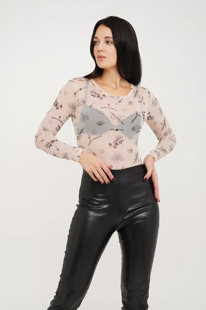Tattoo pattern mesh bodysuit Tatoo 3102/07 beige tatoo