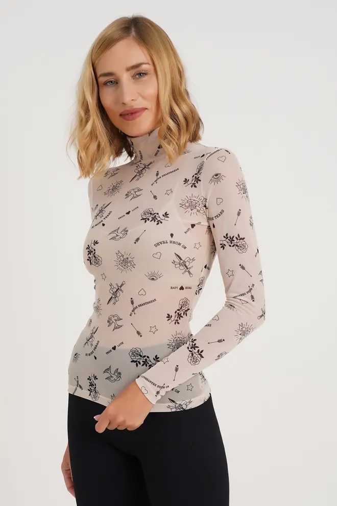 Transparent mesh turtleneck with tattoo pattern Tatoo 4901/07 beige tattoo Transparent mesh turtleneck with tattoo pattern Tatoo 4901/07 beige tattoo