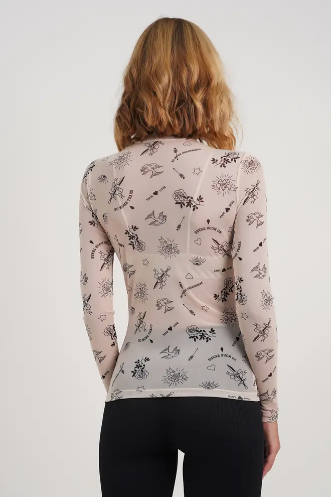 Transparent mesh turtleneck with tattoo pattern Tatoo 4901/07 beige tattoo