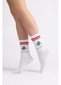 Ribbed Christmas Socks WS4 NEW YEAR STRONG 2602 white/red