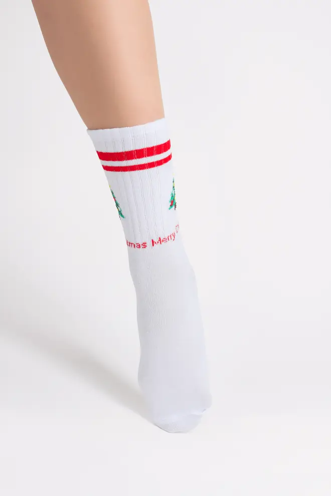Ribbed Christmas Socks WS4 NEW YEAR STRONG 2602 white/red