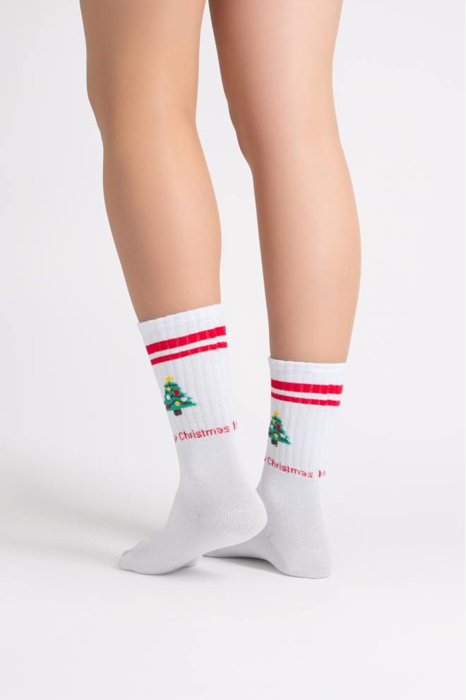 Ribbed Christmas Socks WS4 NEW YEAR STRONG 2602 white/red