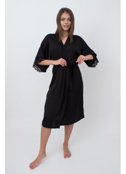 Langer Morgenmantel aus Seide und Spitze HELENA 7214/051 (black)
