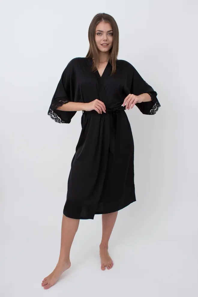 Langer Morgenmantel aus Seide und Spitze HELENA 7214/051 (black)