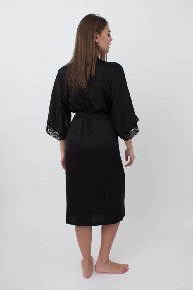 Langer Morgenmantel aus Seide und Spitze HELENA 7214/051 (black)
