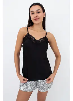 Kurzer Pyjama aus bedrucktem Seide und Spitze BLOSSOM VEIL 6039/051 (peony sketch white/black)