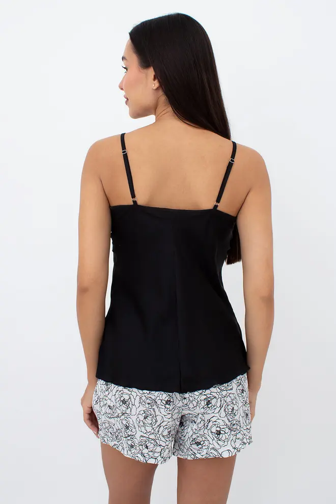 Short Pyjamas in Printed Silk and Lace BLOSSOM VEIL 6039/051 (peony sketch white/black)